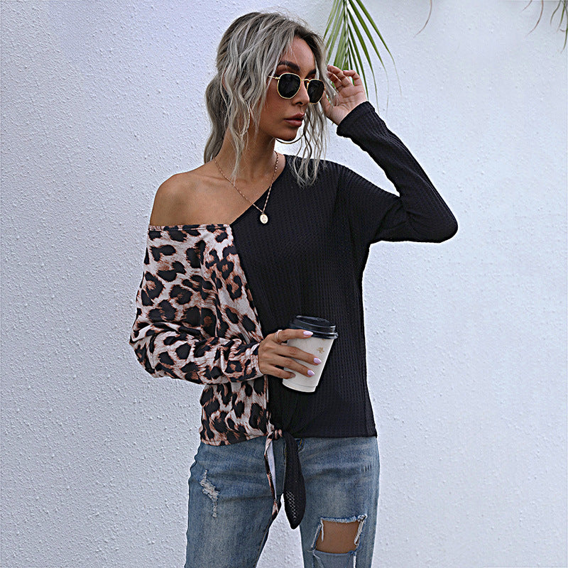 Women Knitted Sweater Casual Loose Top Female Stitching Leopard Print V-neck Long-Sleeve Knitwear