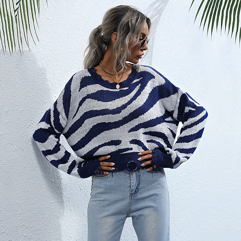 Women Knitted Sweater Autumn Knitted Blue Zebra Print round Neck Sweater Women's Loose