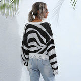 Women Knitted Sweater Autumn Zebra Pattern Knitted V-neck Women's Loose