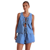 Women's pants: cross-border european and american style summer fashion casual sleeveless tie-waist high-waisted women's vest denim set shorts