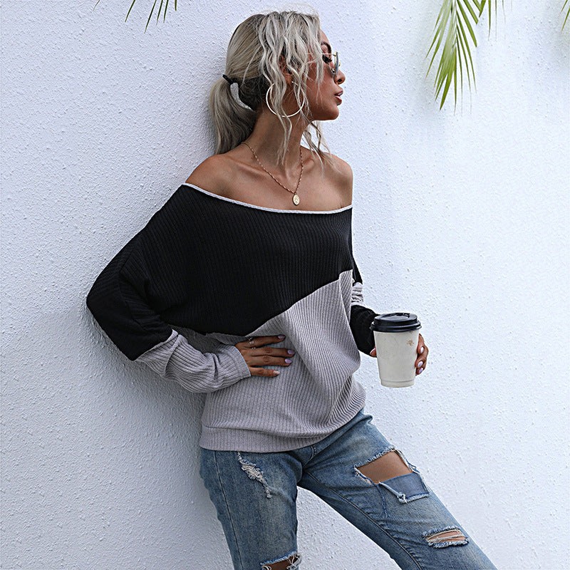 Women Knitted Sweater Long Sleeve Sweater Loose off-Shoulder Top