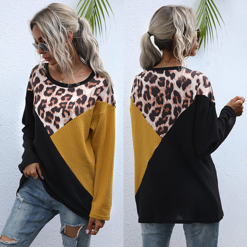 Women Knitted Sweater Leopard Splicing round Neck Loose Long Sleeves Mid-Length Sweater