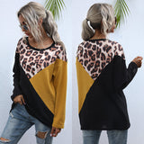 Women Knitted Sweater Leopard Splicing round Neck Loose Long Sleeves Mid-Length Sweater