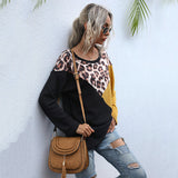 Women Knitted Sweater Leopard Splicing round Neck Loose Long Sleeves Mid-Length Sweater