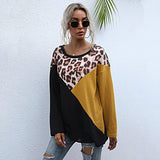 Women Knitted Sweater Leopard Splicing round Neck Loose Long Sleeves Mid-Length Sweater