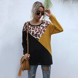 Women Knitted Sweater Leopard Splicing round Neck Loose Long Sleeves Mid-Length Sweater