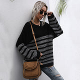 Women Knitted Sweater Autumn Loose Striped round Neck Mid-Length Long Sleeve Bottoming Sweater