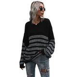 Women Knitted Sweater Autumn Loose Striped round Neck Mid-Length Long Sleeve Bottoming Sweater