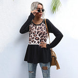 Women Knitted Sweater Long Sleeve Leopard Print Black Slim Fit Sweater