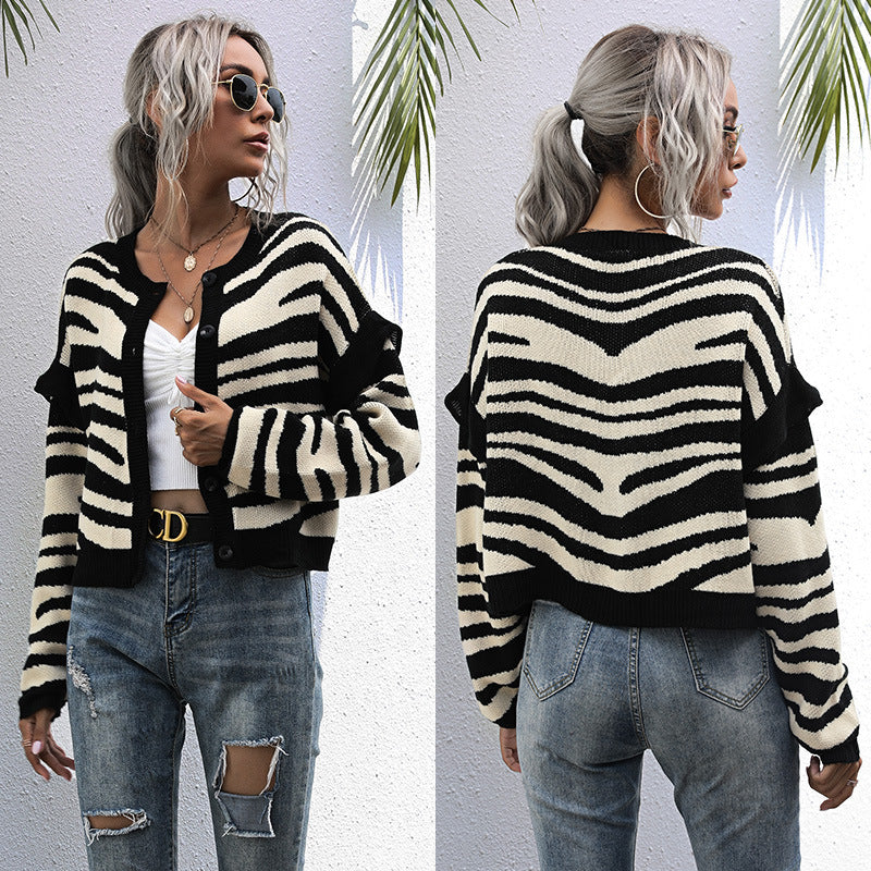 Women Knitted Sweater Autumn Zebra Print Cardigan Knitted Sweater Short Coat