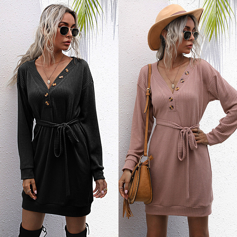 Women Knitted Sweater Autumn Solid Color V-neck Black Slim-Fit Long-Sleeved Button Knitted Sweater Dress