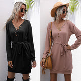Women Knitted Sweater Autumn Solid Color V-neck Black Slim-Fit Long-Sleeved Button Knitted Sweater Dress