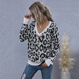 Women Knitted Sweater Autumn Long Sleeve V-neck Leopard Print Bottoming Knitted Sweater