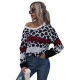 Women Knitted Sweater Fall Loose Leopard Print Knitted Pullover round Neck Base Sweater
