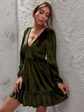 Women Dress Green Deep V-neck Puff Sleeve Velvet Dress