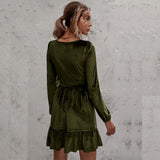 Women Dress Green Deep V-neck Puff Sleeve Velvet Dress