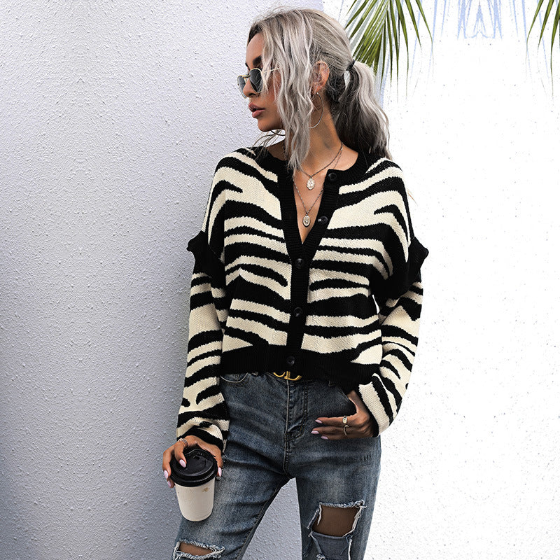 Women Knitted Sweater Autumn Zebra Print Cardigan Knitted Sweater Short Coat