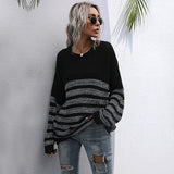 Women Knitted Sweater Autumn Loose Striped round Neck Mid-Length Long Sleeve Bottoming Sweater