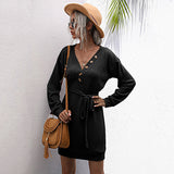 Women Knitted Sweater Autumn Solid Color V-neck Black Slim-Fit Long-Sleeved Button Knitted Sweater Dress
