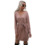 Women Knitted Sweater Autumn Solid Color V-neck Black Slim-Fit Long-Sleeved Button Knitted Sweater Dress