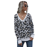 Women Knitted Sweater Autumn Long Sleeve V-neck Leopard Print Bottoming Knitted Sweater