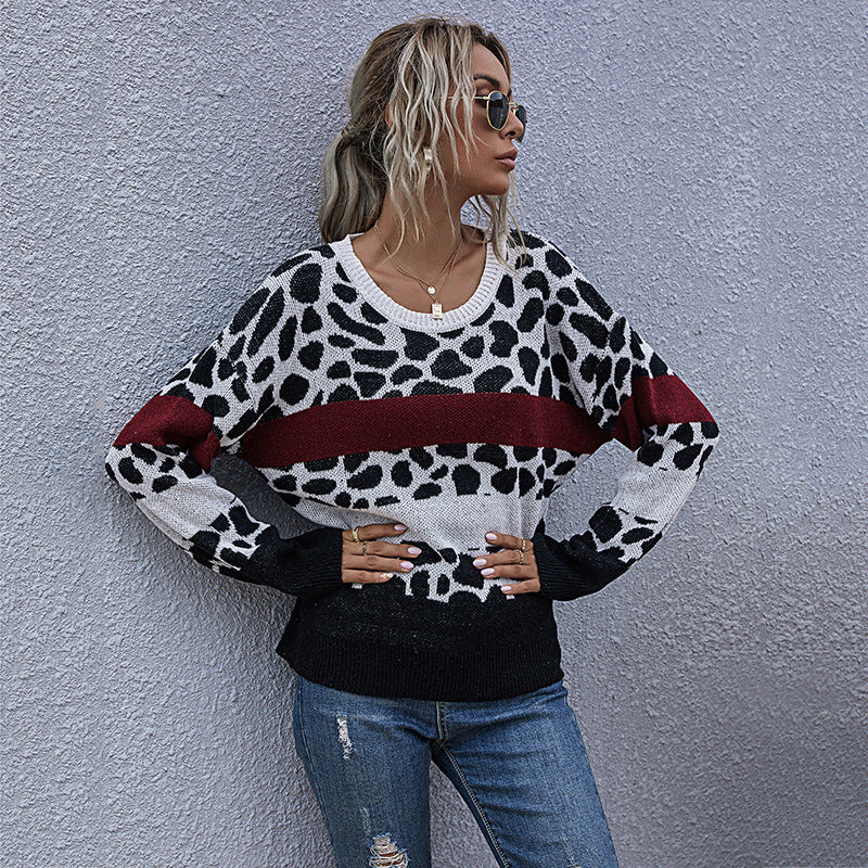 Women Knitted Sweater Fall Loose Leopard Print Knitted Pullover round Neck Base Sweater