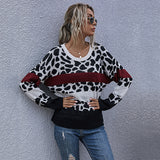 Women Knitted Sweater Fall Loose Leopard Print Knitted Pullover round Neck Base Sweater