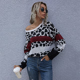 Women Knitted Sweater Fall Loose Leopard Print Knitted Pullover round Neck Base Sweater