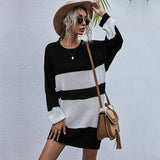 Women Knitted Sweater Autumn Vintage Knitted Long Color Matching Mori Style round Neck Woolen Skirt