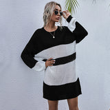 Women Knitted Sweater Autumn Vintage Knitted Long Color Matching Mori Style round Neck Woolen Skirt