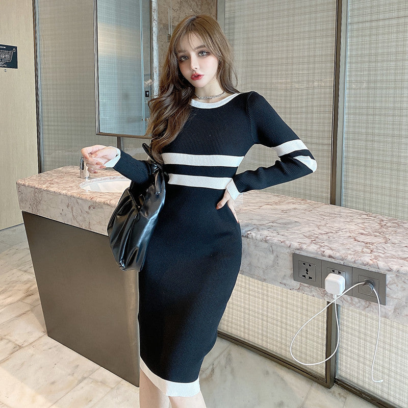 Women Maxi Dress Spring and Autumn Sexy Long Sleeve Knitted Sheath Bottom Dress