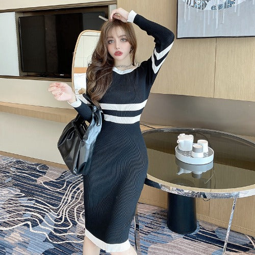 Women Maxi Dress Spring and Autumn Sexy Long Sleeve Knitted Sheath Bottom Dress