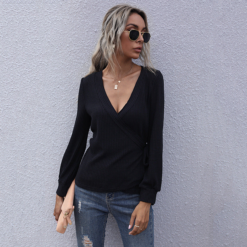 Women Knitted Sweater Fall Slim Fit Black Pullover Long Sleeve V-neck Sweater