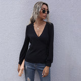 Women Knitted Sweater Fall Slim Fit Black Pullover Long Sleeve V-neck Sweater