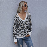 Women Knitted Sweater Autumn Long Sleeve V-neck Leopard Print Bottoming Knitted Sweater