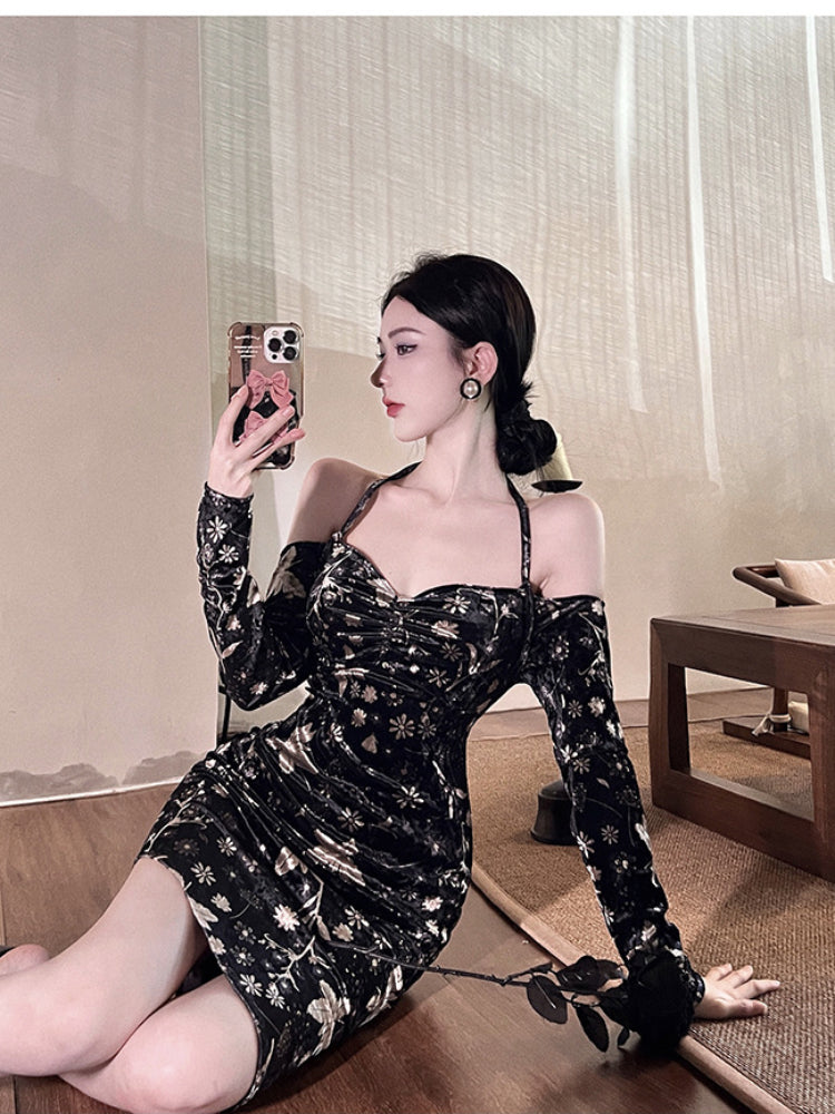 Women Maxi Dress Autumn and Winter New Gold Velvet Sheath Dress