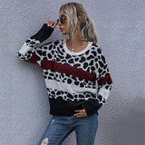 Women Knitted Sweater Fall Loose Leopard Print Knitted Pullover round Neck Base Sweater