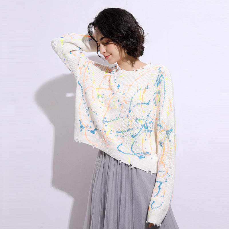 Women Knitwear Tie-Dyed Sweater Autumn Loose Long Sleeve Knitted Top