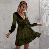 Women Dress Green Deep V-neck Puff Sleeve Velvet Dress