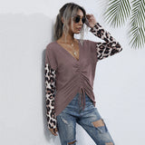 Women Knitted Sweater Autumn Long Sleeve Loose Black Leopard Splicing