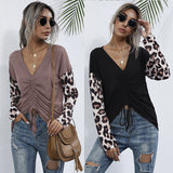 Women Knitted Sweater Autumn Long Sleeve Loose Black Leopard Splicing
