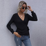 Women Knitted Sweater Fall Slim Fit Black Pullover Long Sleeve V-neck Sweater