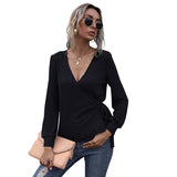 Women Knitted Sweater Fall Slim Fit Black Pullover Long Sleeve V-neck Sweater