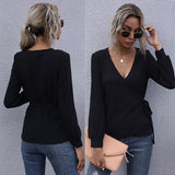 Women Knitted Sweater Fall Slim Fit Black Pullover Long Sleeve V-neck Sweater