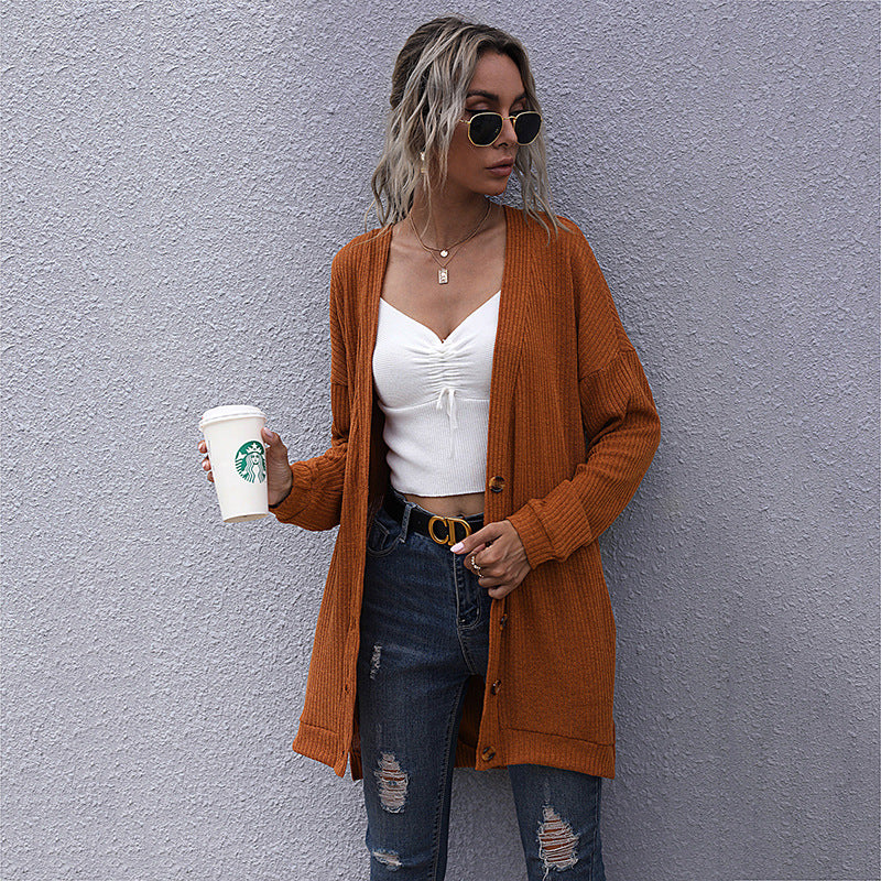 Women Knitted Sweater Autumn Long Sleeves Outerwear Knitted V-neck Cardigan Sweater Coat