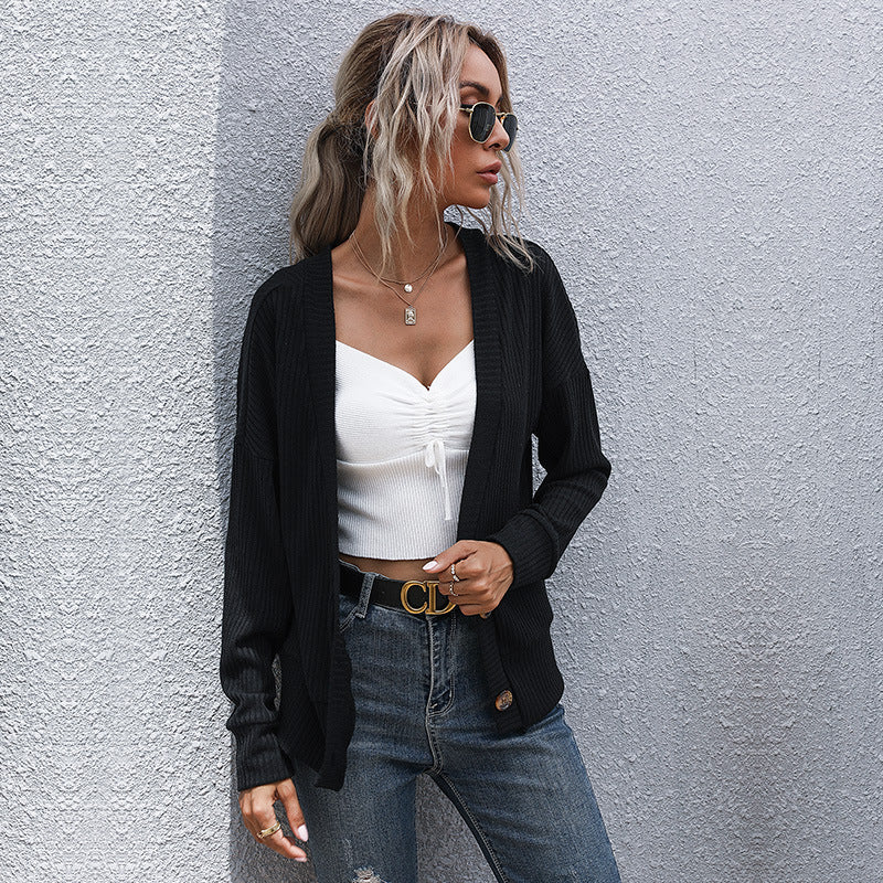 Women Knitted Sweater Autumn Black Long Sleeve Sweater Cardigan Coat