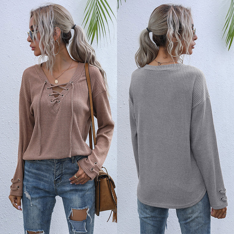 Women Knitted Sweater Autumn Gray Long Sleeves V-neck Solid Color Pullover Loose Sweater
