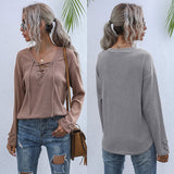 Women Knitted Sweater Autumn Gray Long Sleeves V-neck Solid Color Pullover Loose Sweater