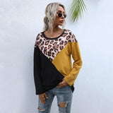Women Knitted Sweater Leopard Splicing round Neck Loose Long Sleeves Mid-Length Sweater