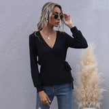 Women Knitted Sweater Fall Slim Fit Black Pullover Long Sleeve V-neck Sweater